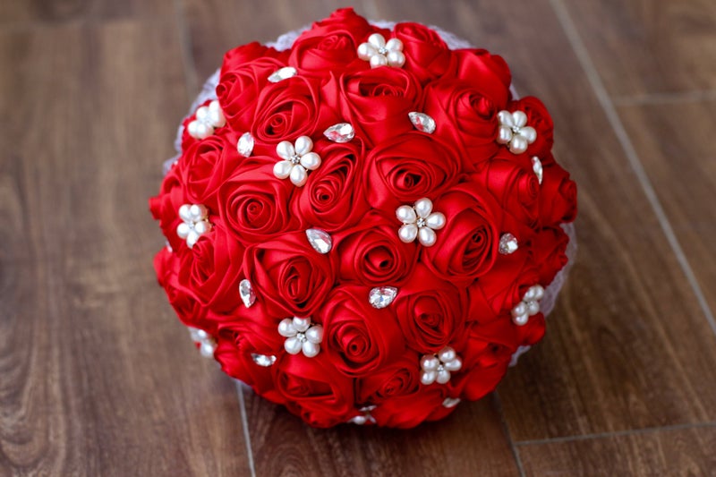 IFFO Ivory, Blue, Coral, T Blueï¼ŒRed Rose Flower Bridal Brooch Bouquet Wedding Bride 's Jewelry Crystal Pearl Rhinestone Cloth Fabric Bouquets (red) - Image 5